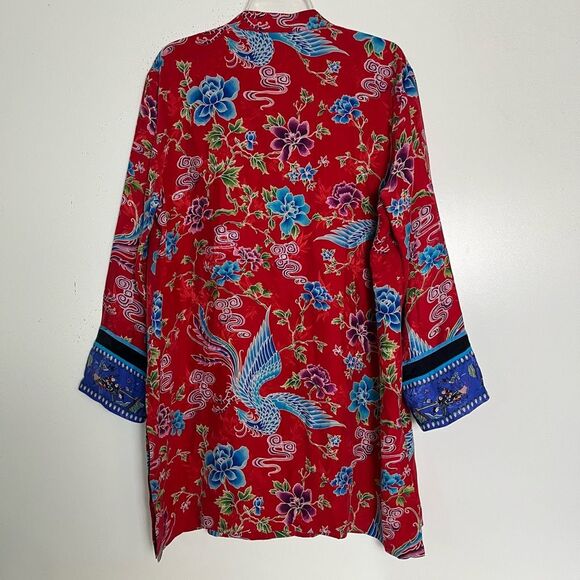 Chico's Silk Asian Art Kimono Top Womens XL 3 Floral Phoenix Red Artsy Lagenlook - Picture 6 of 11